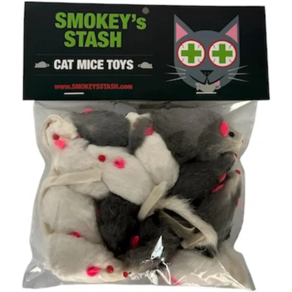 Smokey's Stash Rabbit Fur Mouse Cat Toy 12 per Pack White and Gray Fuzzy Toys